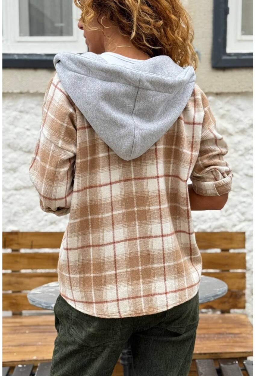 Camel Kapüşonlu Ekose Cepli Oduncu Kaşe Salaş Gömlek 60 50