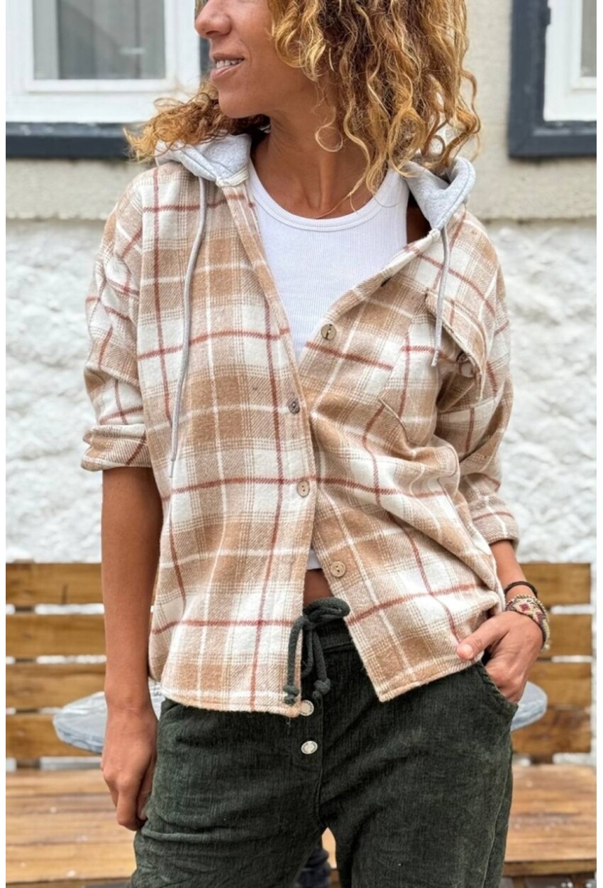 Camel Kapüşonlu Ekose Cepli Oduncu Kaşe Salaş Gömlek 60 50