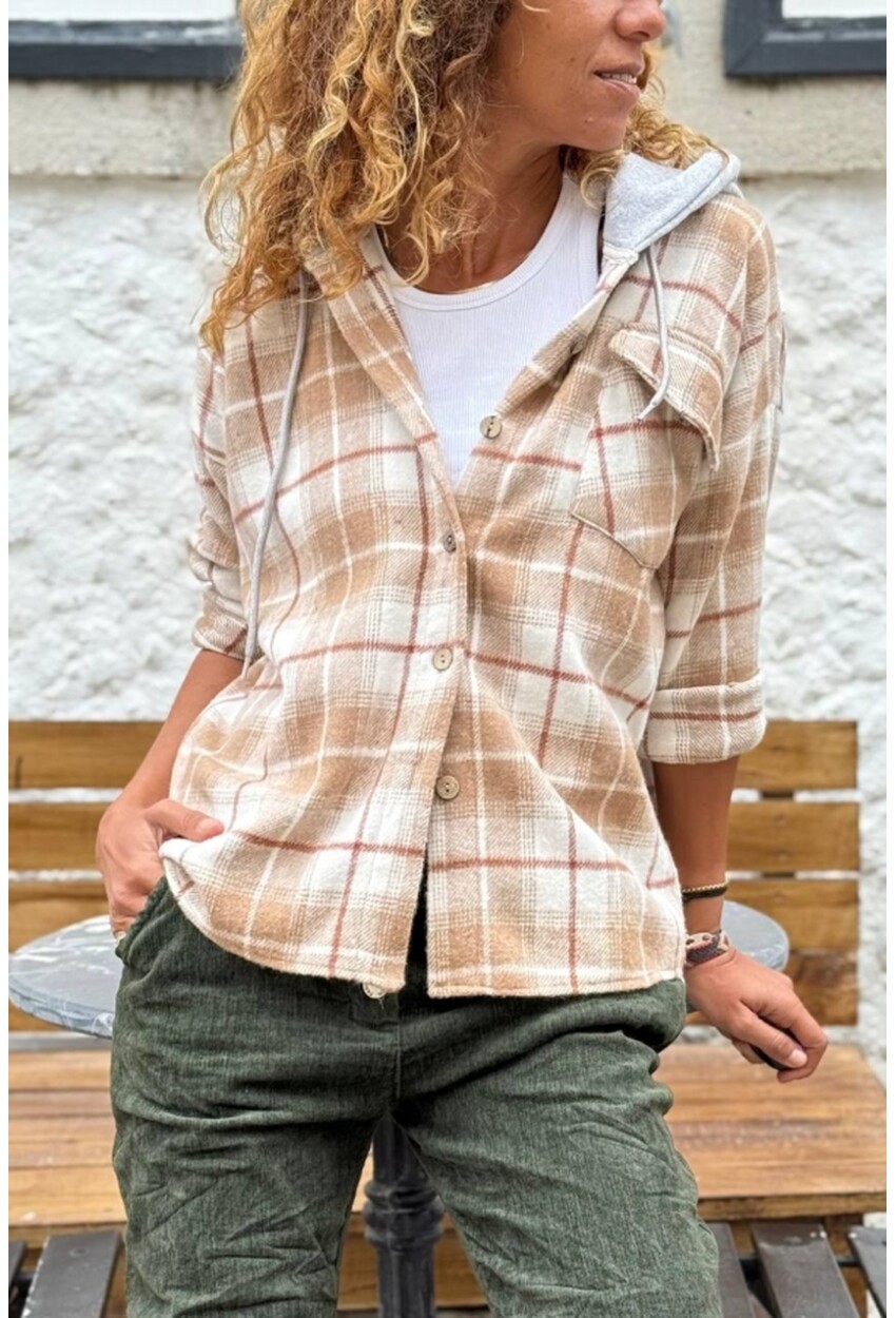 Camel Kapüşonlu Ekose Cepli Oduncu Kaşe Salaş Gömlek 60 50