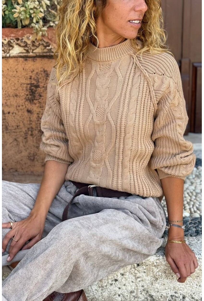 Camel Reglan Kol Örgü Desenli Salaş Triko Kazak 60 45