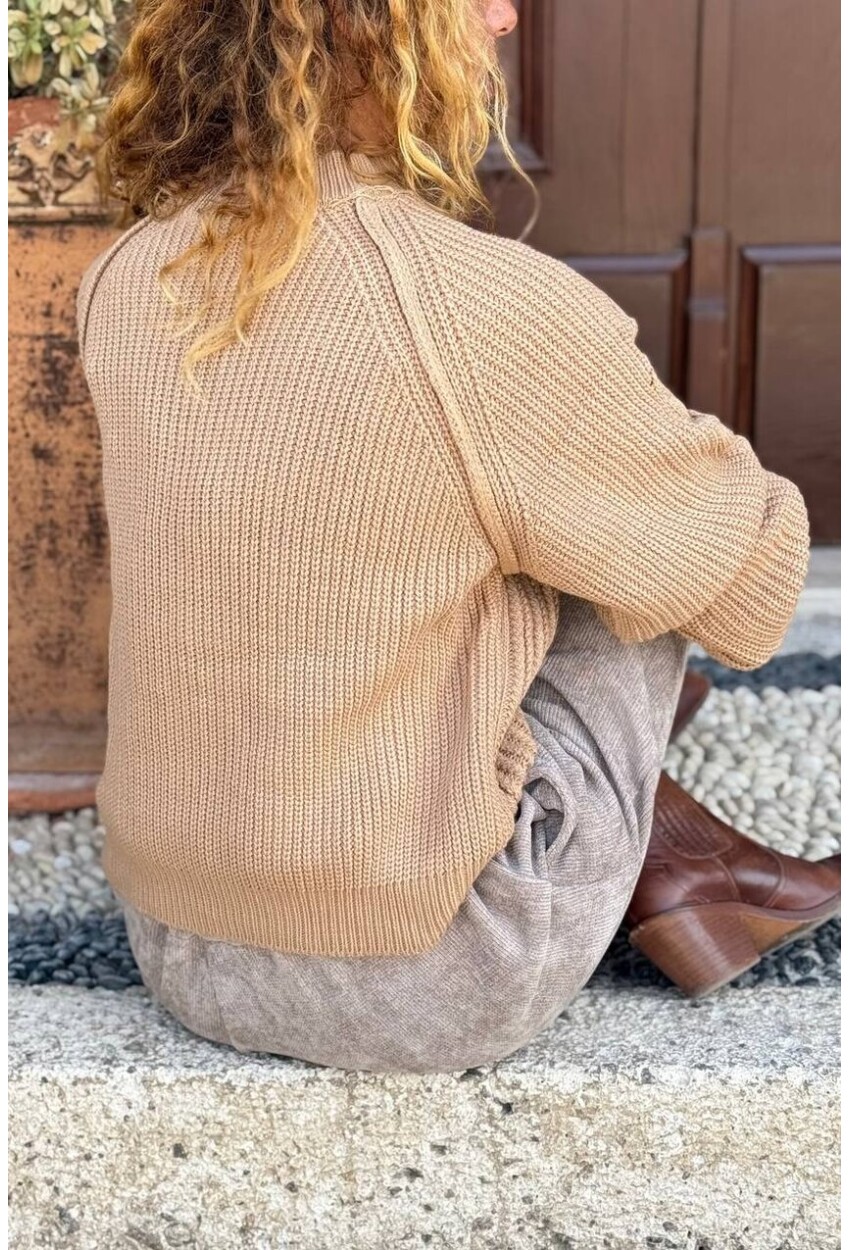 Camel Reglan Kol Örgü Desenli Salaş Triko Kazak 60 45