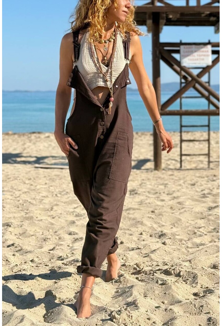 Düğmeli Yaka Askılı Cepli Yıkamalı Pamuklu Salaş Tulum 120 52