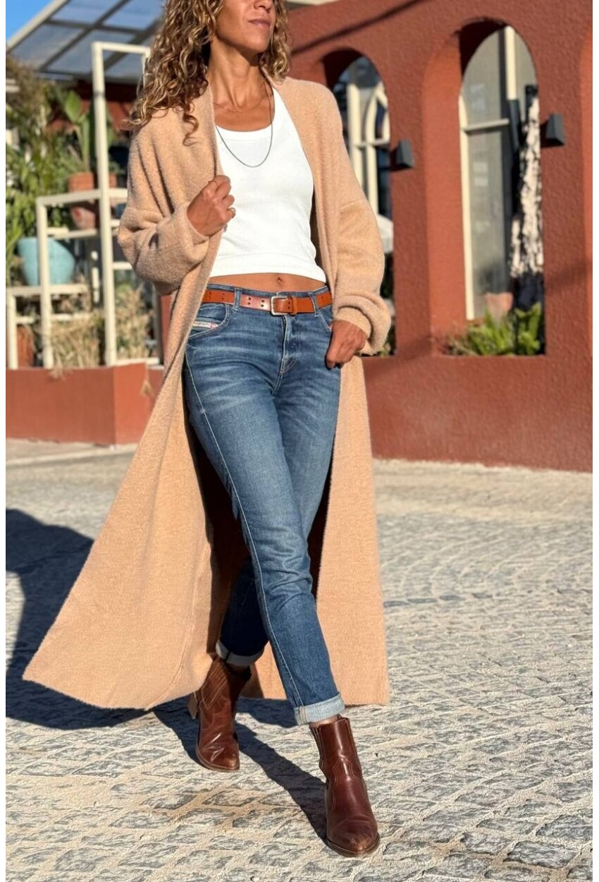 Ekru Camel Yumuşak Dokulu Uzun Salaş Dokuma Hırka 60 120