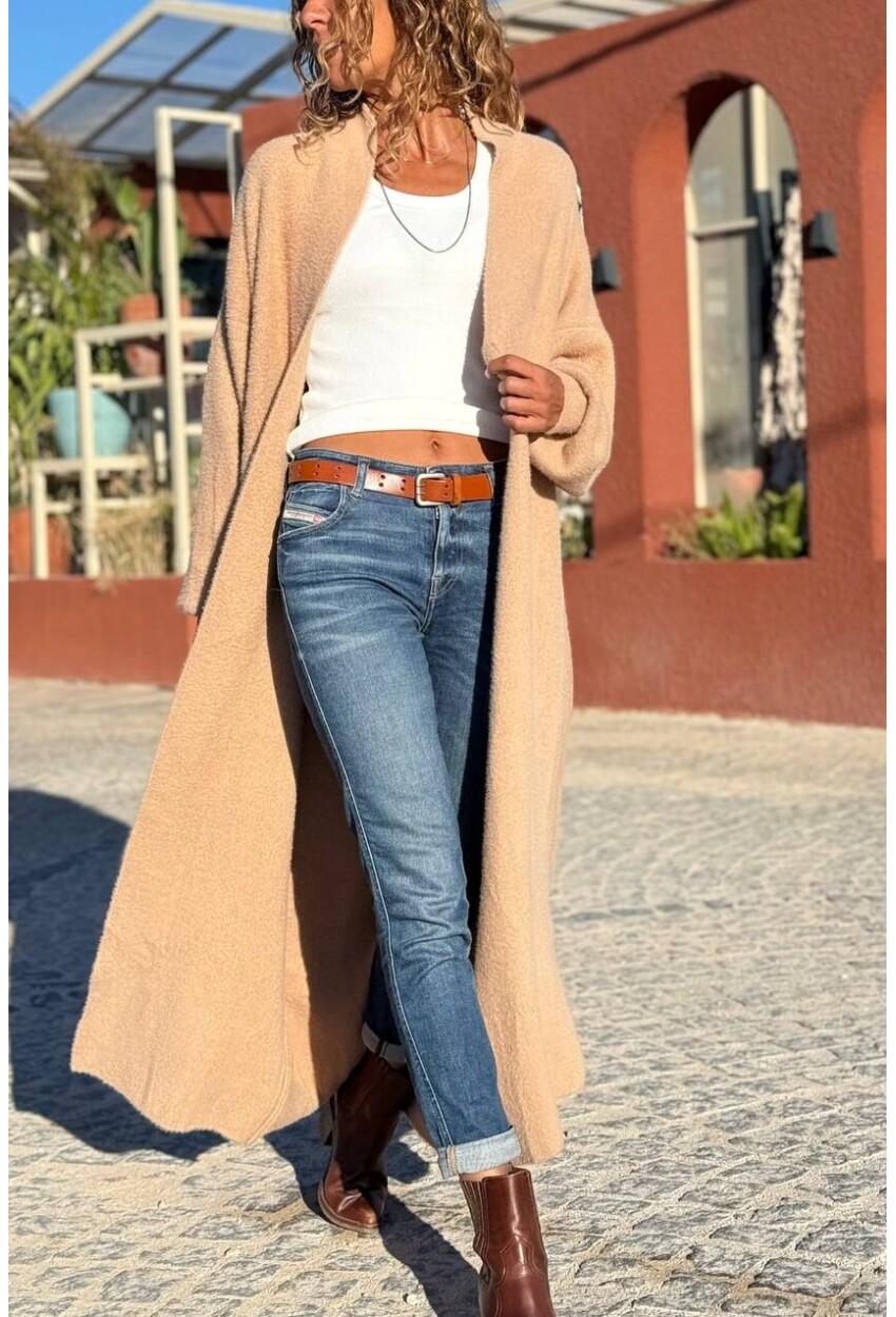 Ekru Camel Yumuşak Dokulu Uzun Salaş Dokuma Hırka 60 120