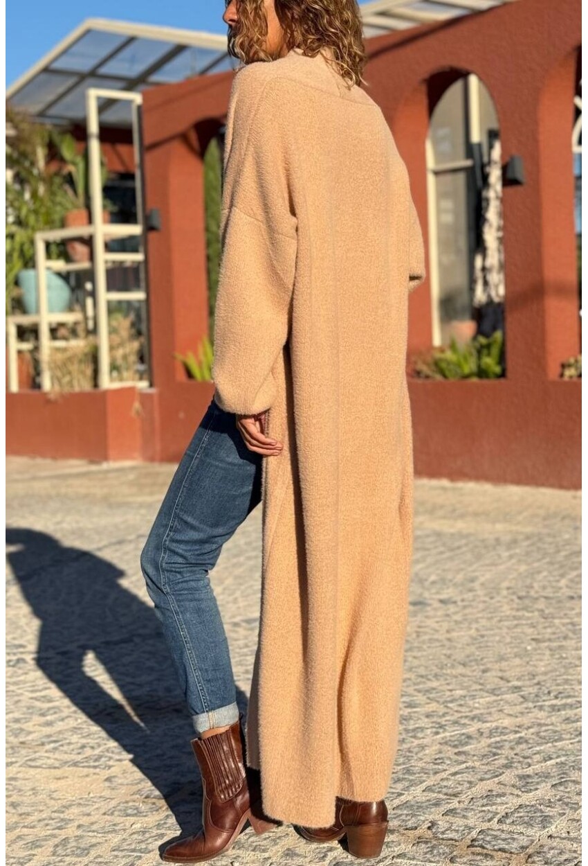 Ekru Camel Yumuşak Dokulu Uzun Salaş Dokuma Hırka 60 120