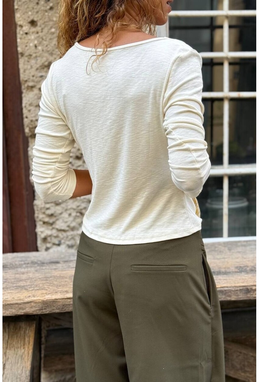 Ekru Degaje Yaka Yumuşak Dokulu Ribana Pamuklu Triko Bluz 35 50