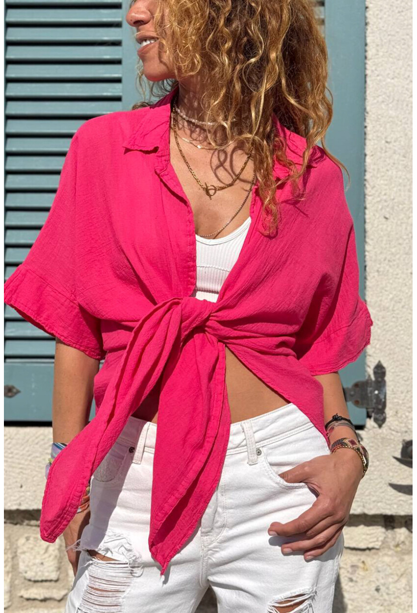 Fuşya Bağlamalı Pamuklu Arkası Uzun Crop Dokuma Bluz 70 45