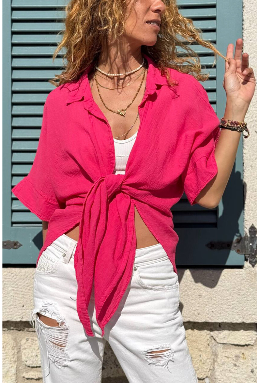Fuşya Bağlamalı Pamuklu Arkası Uzun Crop Dokuma Bluz 70 45