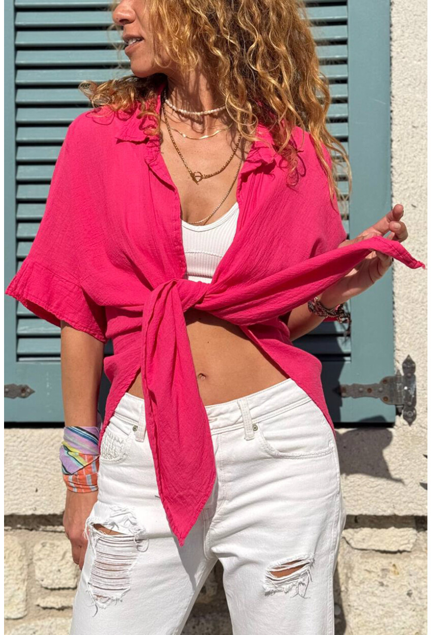Fuşya Bağlamalı Pamuklu Arkası Uzun Crop Dokuma Bluz 70 45