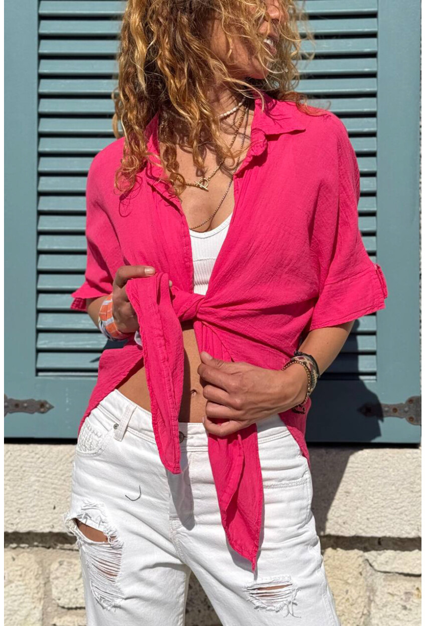 Fuşya Bağlamalı Pamuklu Arkası Uzun Crop Dokuma Bluz 70 45