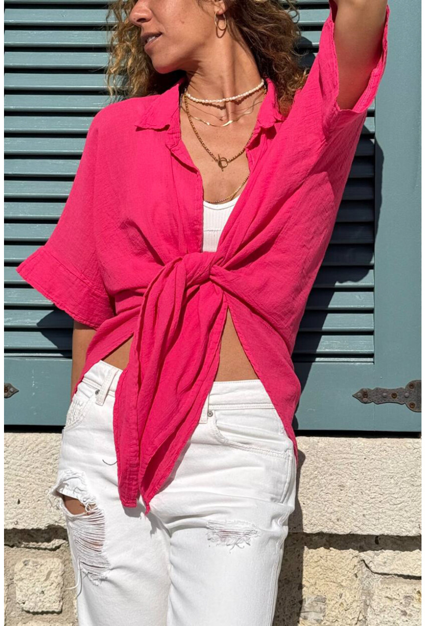 Fuşya Bağlamalı Pamuklu Arkası Uzun Crop Dokuma Bluz 70 45