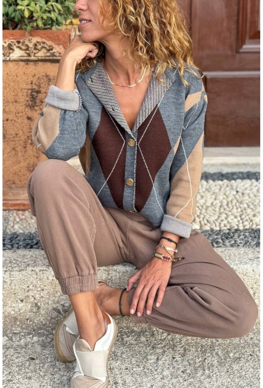 Gri Baklava Desen Düğmeli Yün Karışımlı Triko Hırka 55 45