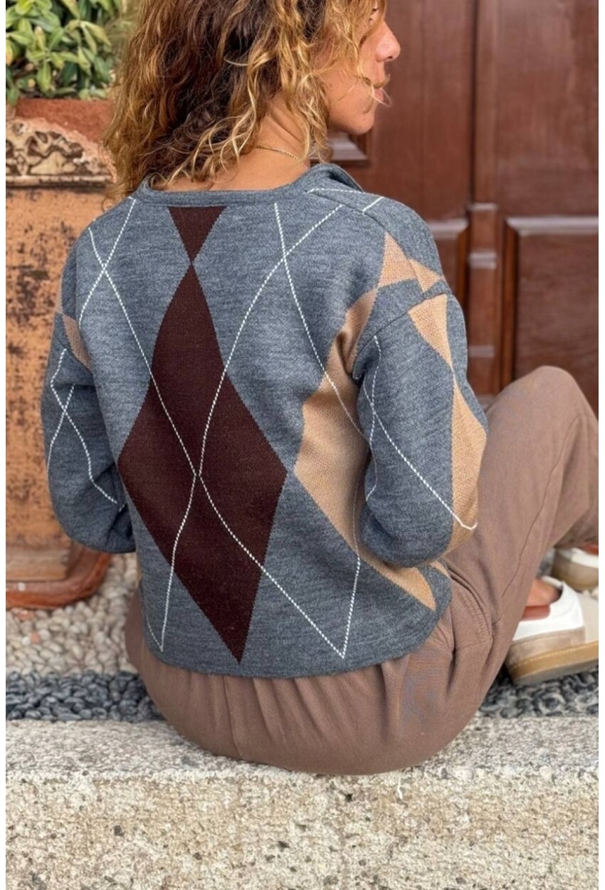 Gri Baklava Desen Düğmeli Yün Karışımlı Triko Hırka 55 45