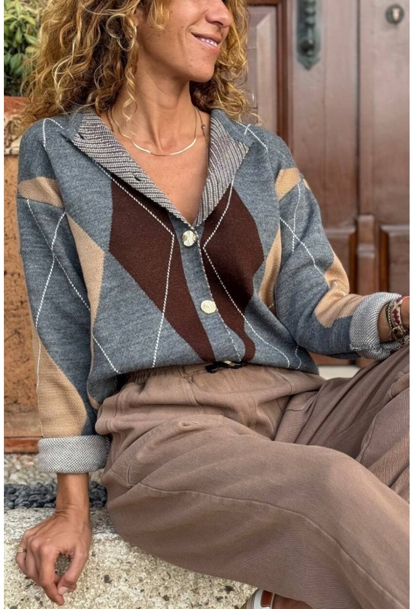 Gri Baklava Desen Düğmeli Yün Karışımlı Triko Hırka 55 45