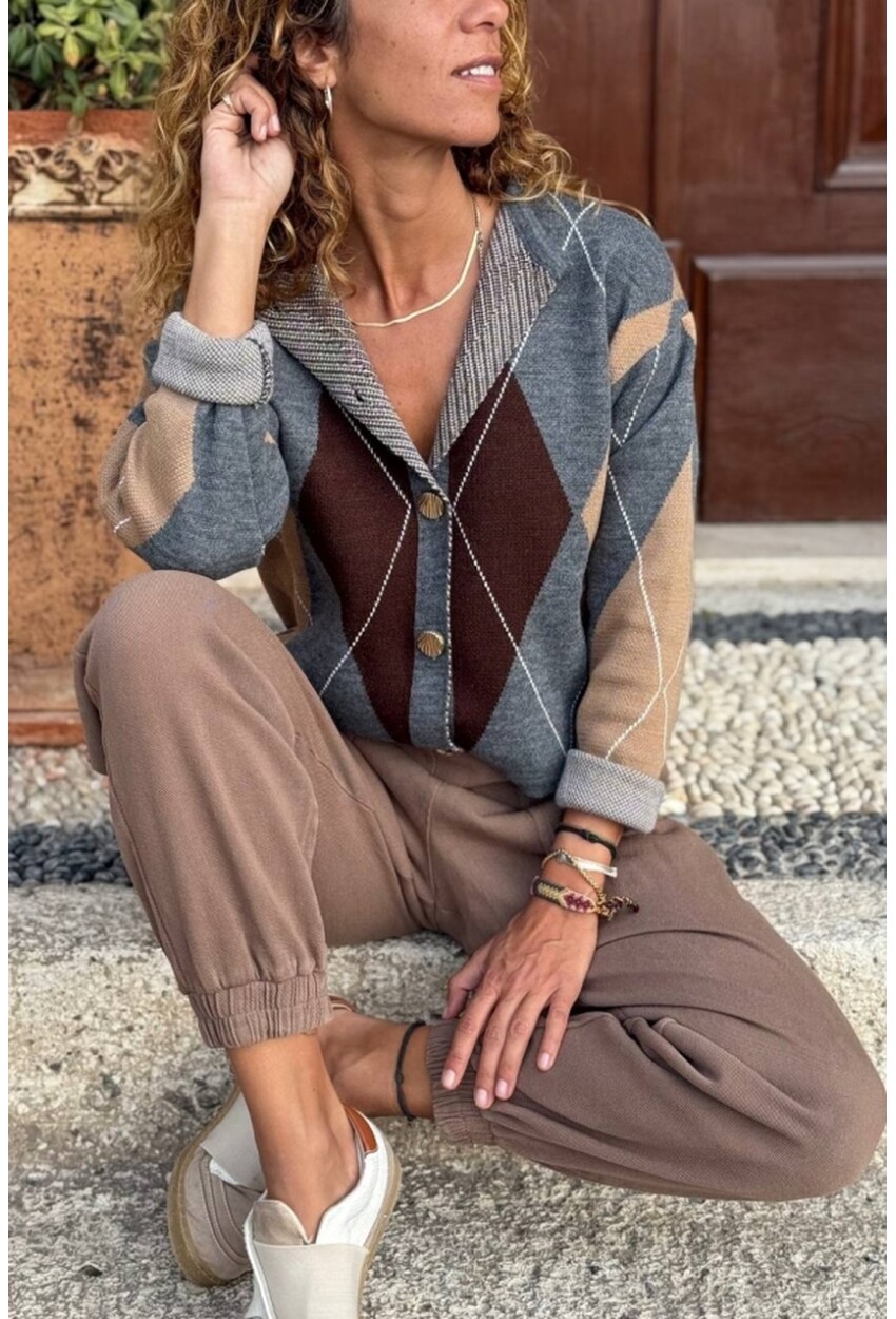 Gri Baklava Desen Düğmeli Yün Karışımlı Triko Hırka 55 45