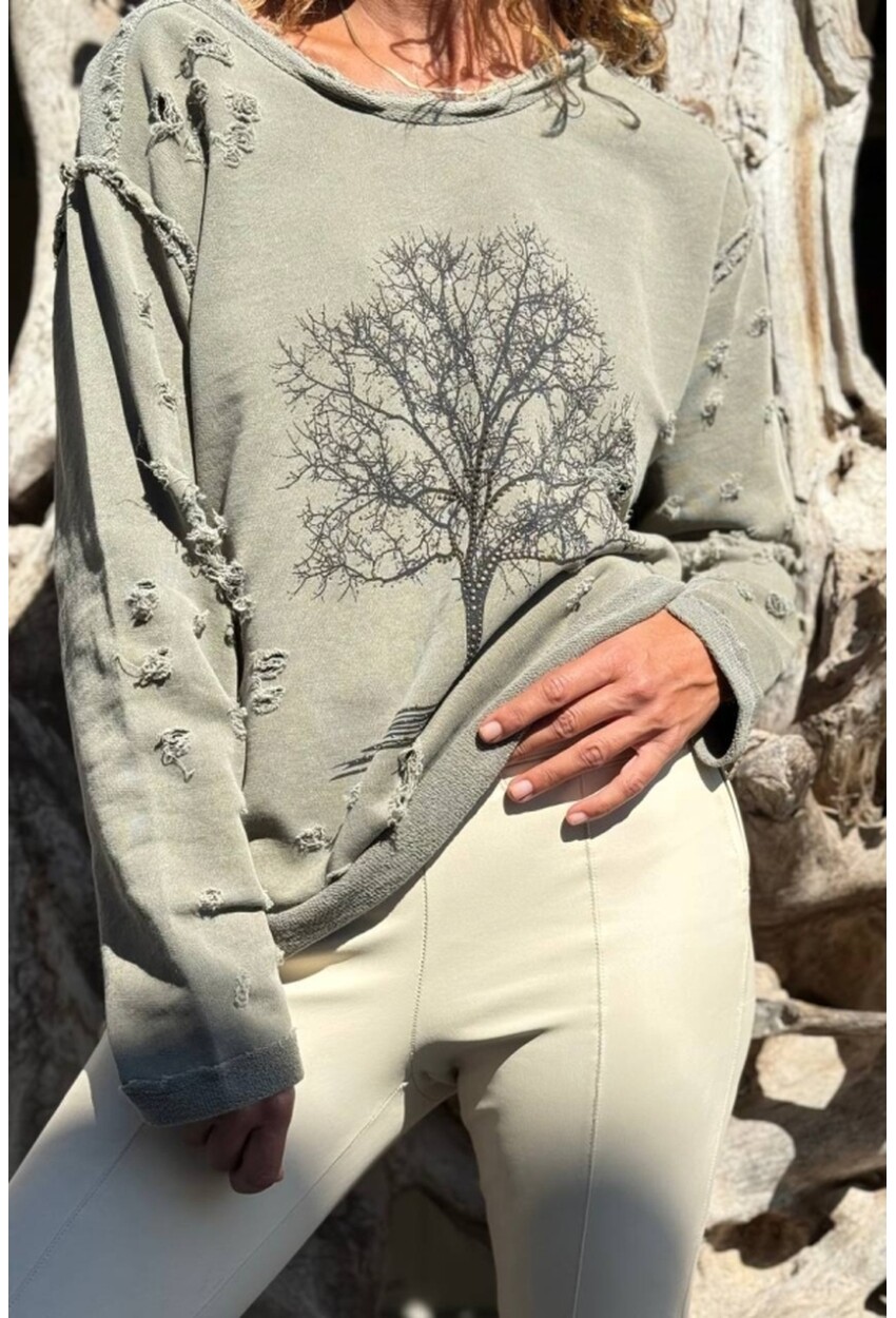 Haki Ağaç Baskılı Yıkamalı Eskitme Detaylı İşlemeli 2 İplik Şardonsuz Salaş Sweatshirt 70 55