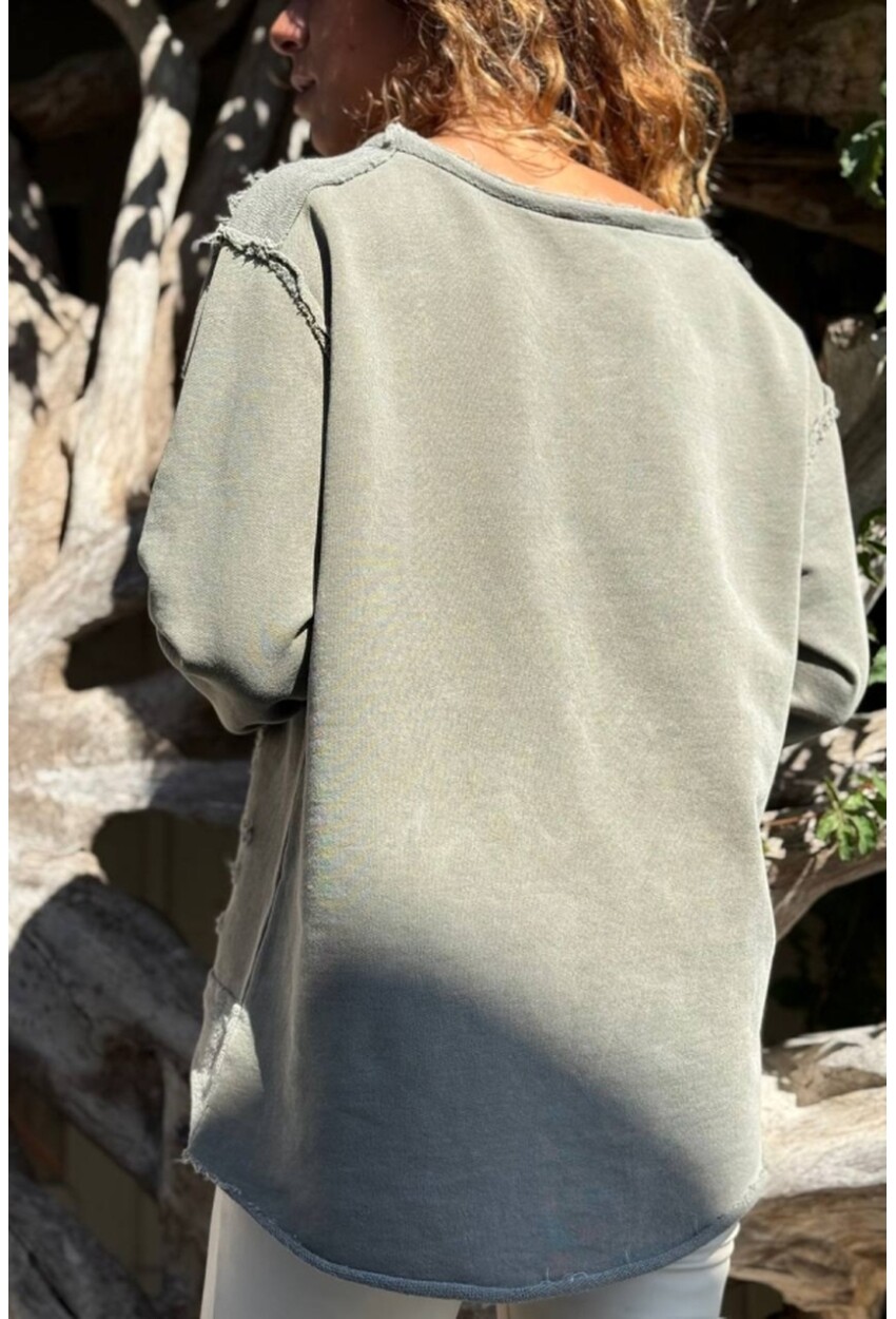 Haki Ağaç Baskılı Yıkamalı Eskitme Detaylı İşlemeli 2 İplik Şardonsuz Salaş Sweatshirt 70 55