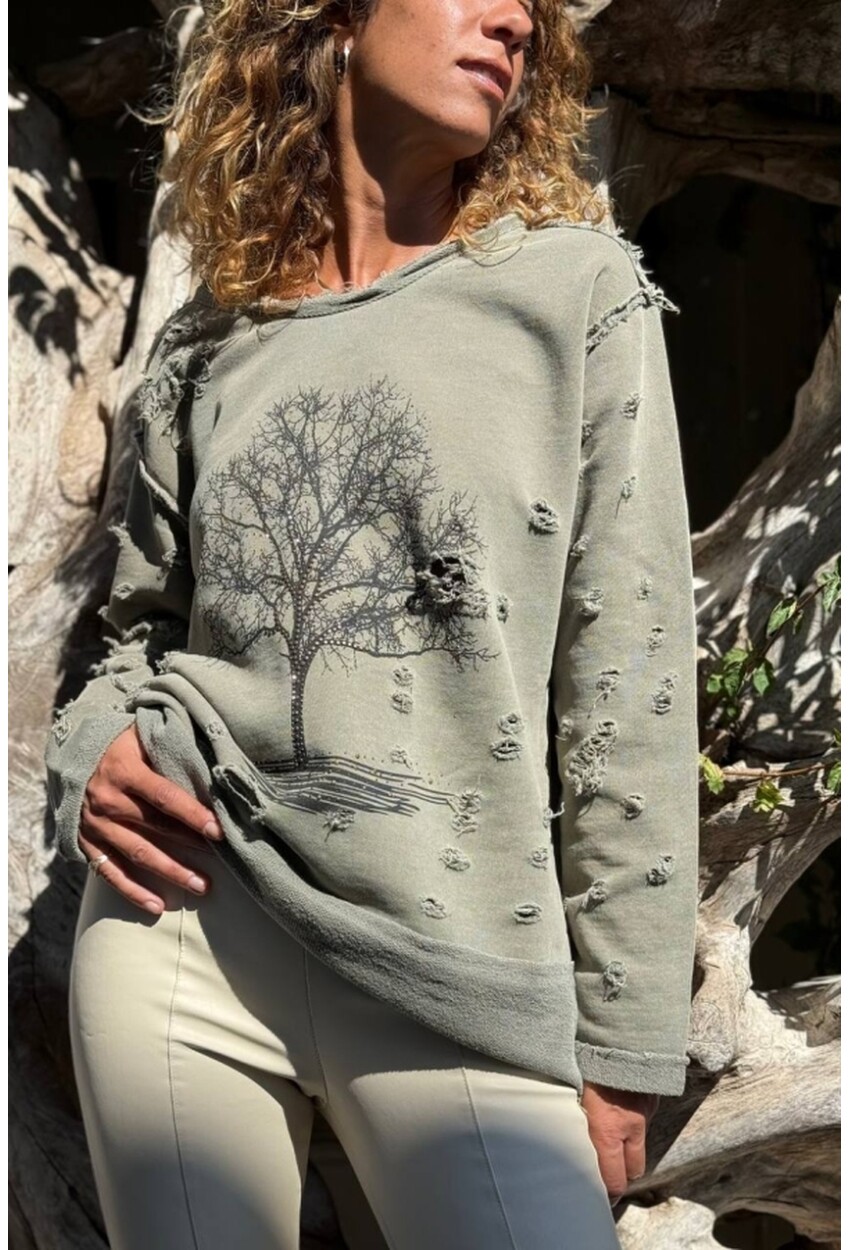 Haki Ağaç Baskılı Yıkamalı Eskitme Detaylı İşlemeli 2 İplik Şardonsuz Salaş Sweatshirt 70 55