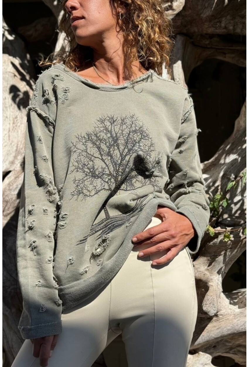 Haki Ağaç Baskılı Yıkamalı Eskitme Detaylı İşlemeli 2 İplik Şardonsuz Salaş Sweatshirt 70 55