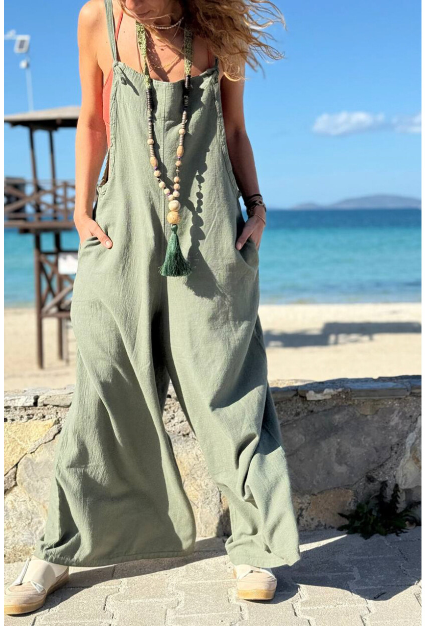 Haki Askılı Cepli Bol Paça Pamuklu Salaş Dokuma Tulum 135 50