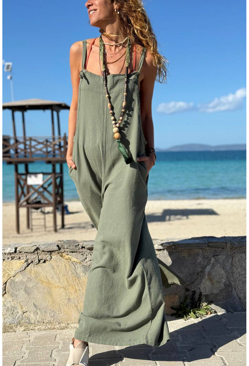 Haki Askılı Cepli Bol Paça Pamuklu Salaş Dokuma Tulum 135 50