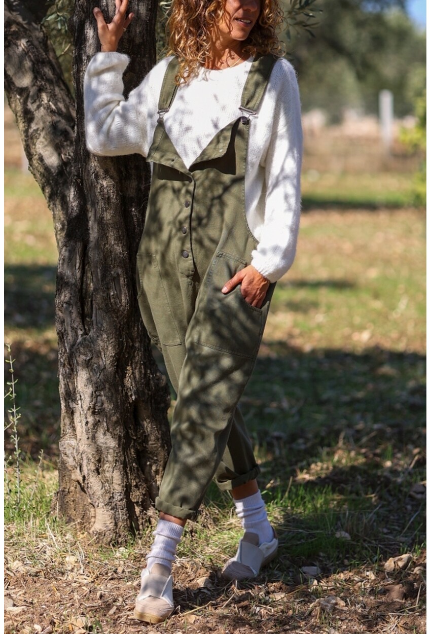 Haki Düğmeli Yaka Askılı Cepli Yıkamalı Pamuklu Salaş Tulum 120 50