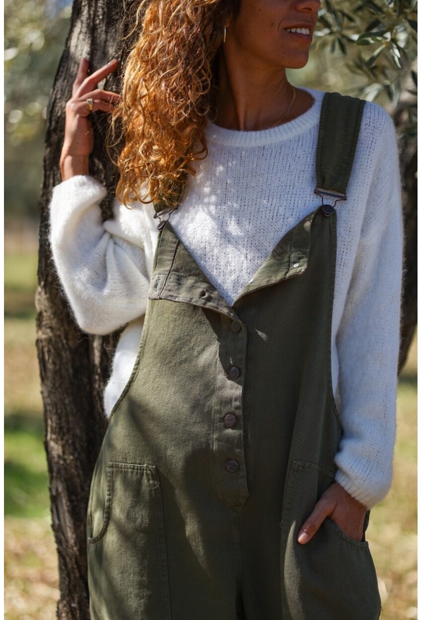 Haki Düğmeli Yaka Askılı Cepli Yıkamalı Pamuklu Salaş Tulum 120 50