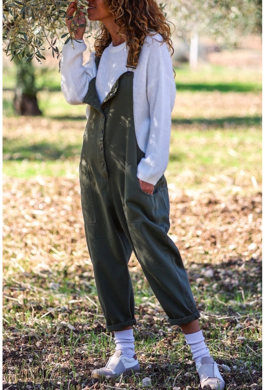 Haki Düğmeli Yaka Askılı Cepli Yıkamalı Pamuklu Salaş Tulum 120 50