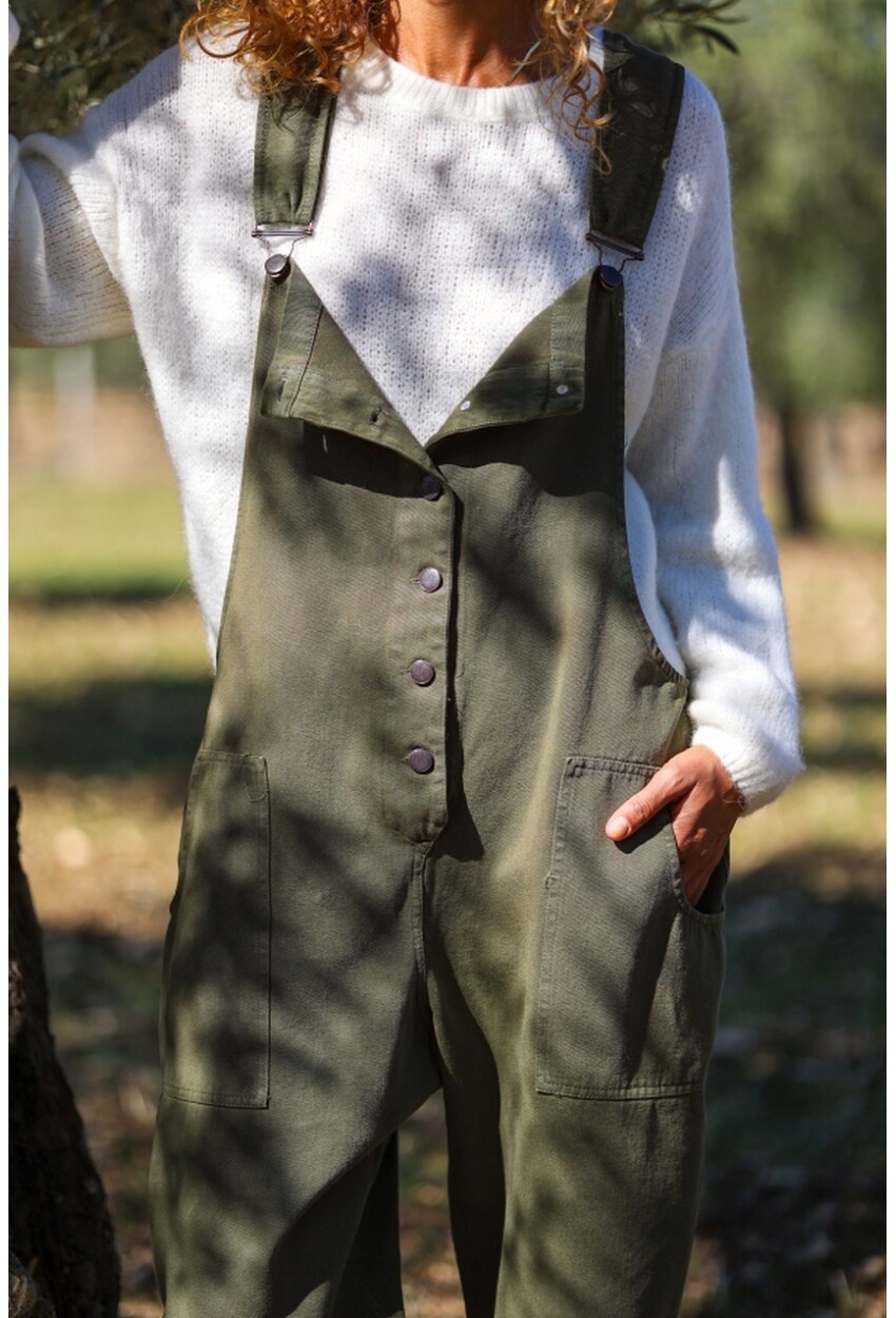 Haki Düğmeli Yaka Askılı Cepli Yıkamalı Pamuklu Salaş Tulum 120 50