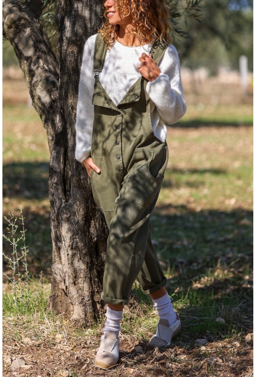 Haki Düğmeli Yaka Askılı Cepli Yıkamalı Pamuklu Salaş Tulum 120 50