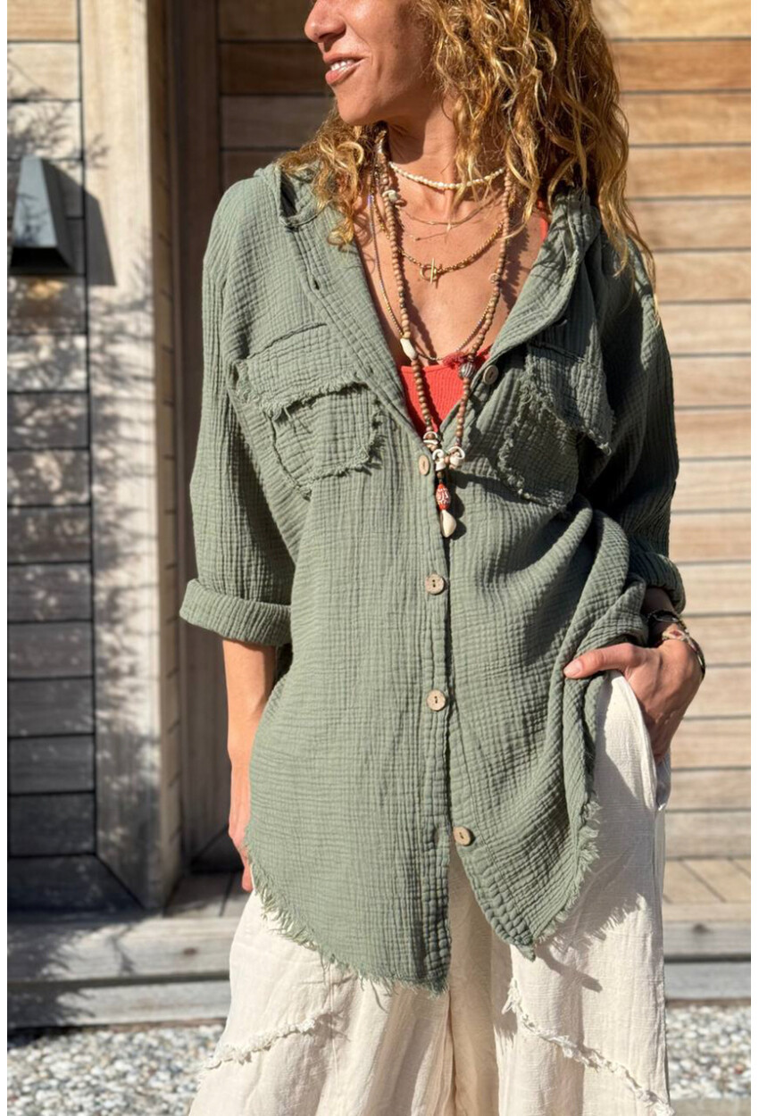 Haki Kapüşonlu Düğmeli Cepli Pis Dikişli Pamuklu Salaş Dokuma Gömlek 70 50