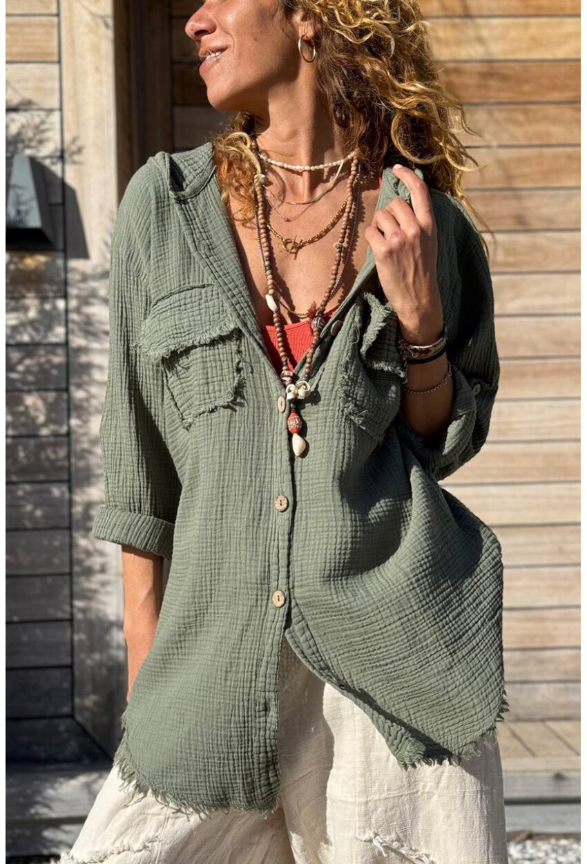 Haki Kapüşonlu Düğmeli Cepli Pis Dikişli Pamuklu Salaş Dokuma Gömlek 70 50