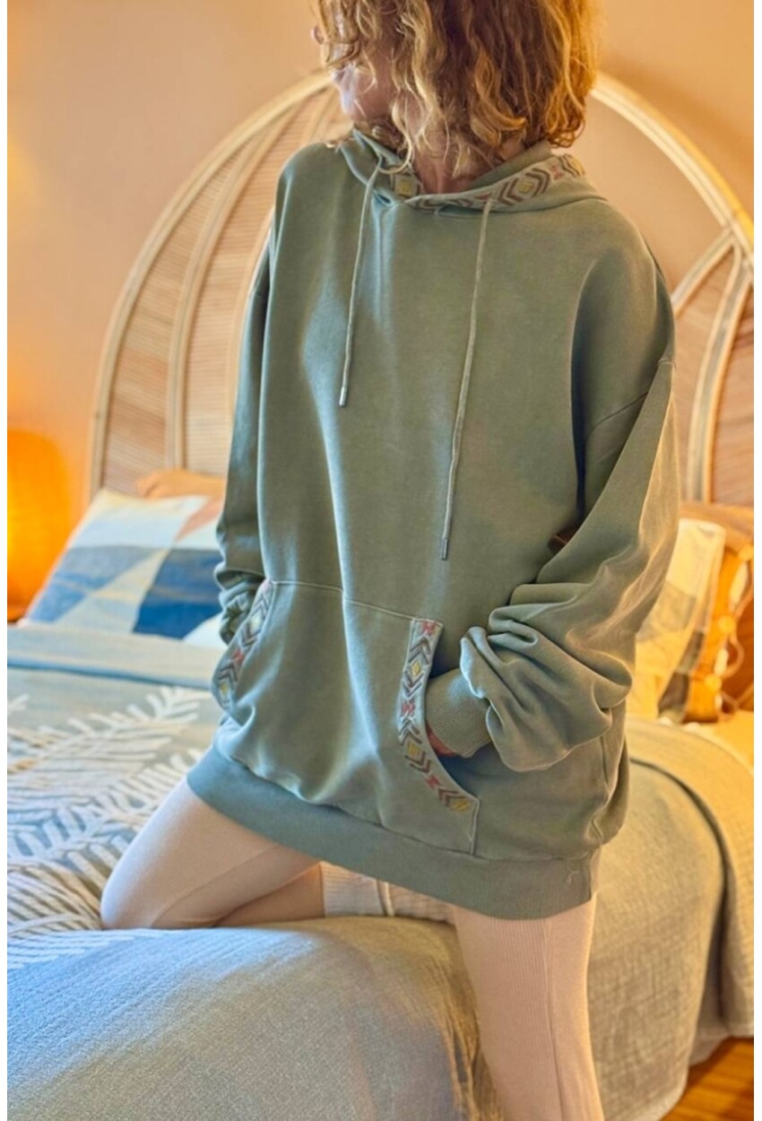 Haki Kapüşonlu Kanguru Cepli Etnik Diliş Detaylı İki İplik Salaş Sweatshirt 80 55