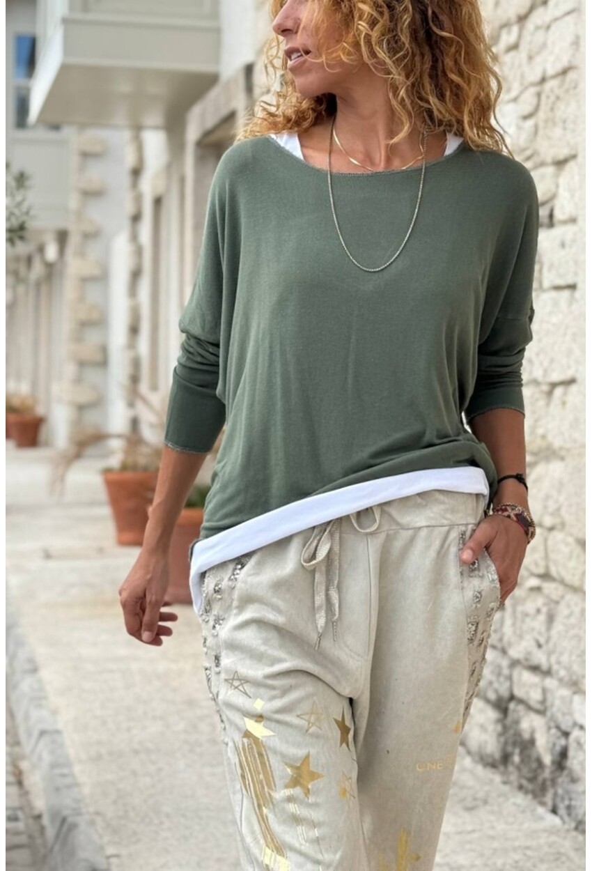 Haki Kayık Yaka İkili Set Yumuşak Dokulu Pamuklu Salaş Dokuma Bluz 65 55