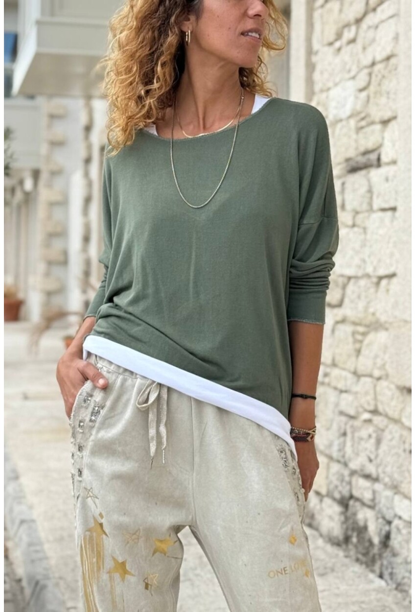 Haki Kayık Yaka İkili Set Yumuşak Dokulu Pamuklu Salaş Dokuma Bluz 65 55