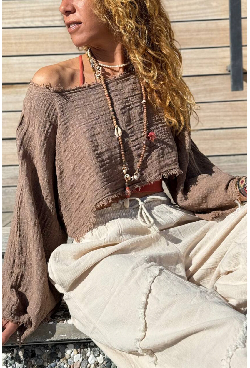 Haki Kayık Yaka Yıkamalı Ve Pis Dikişli Bürümcük Crop Dokuma Bluz 30 50