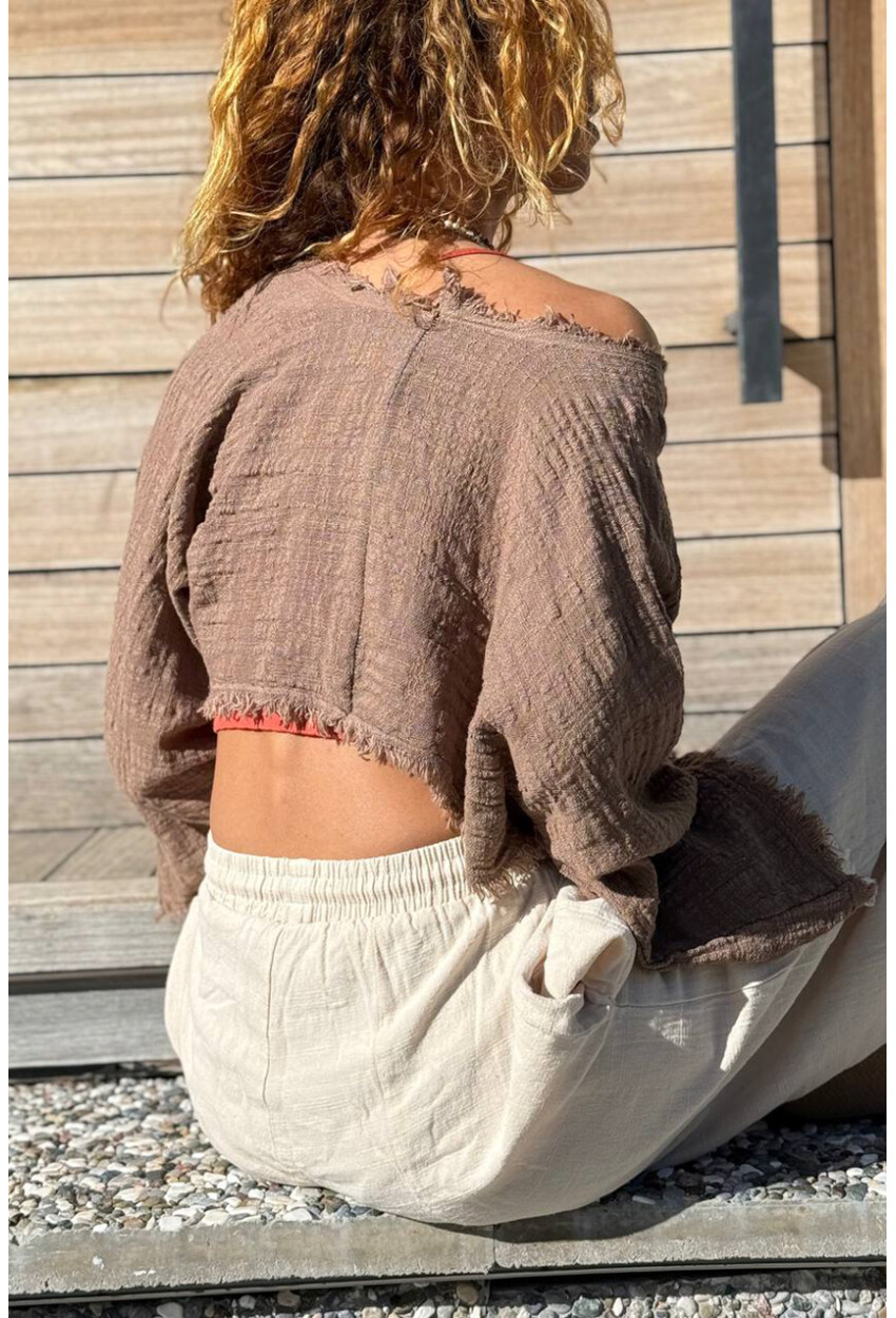 Haki Kayık Yaka Yıkamalı Ve Pis Dikişli Bürümcük Crop Dokuma Bluz 30 50