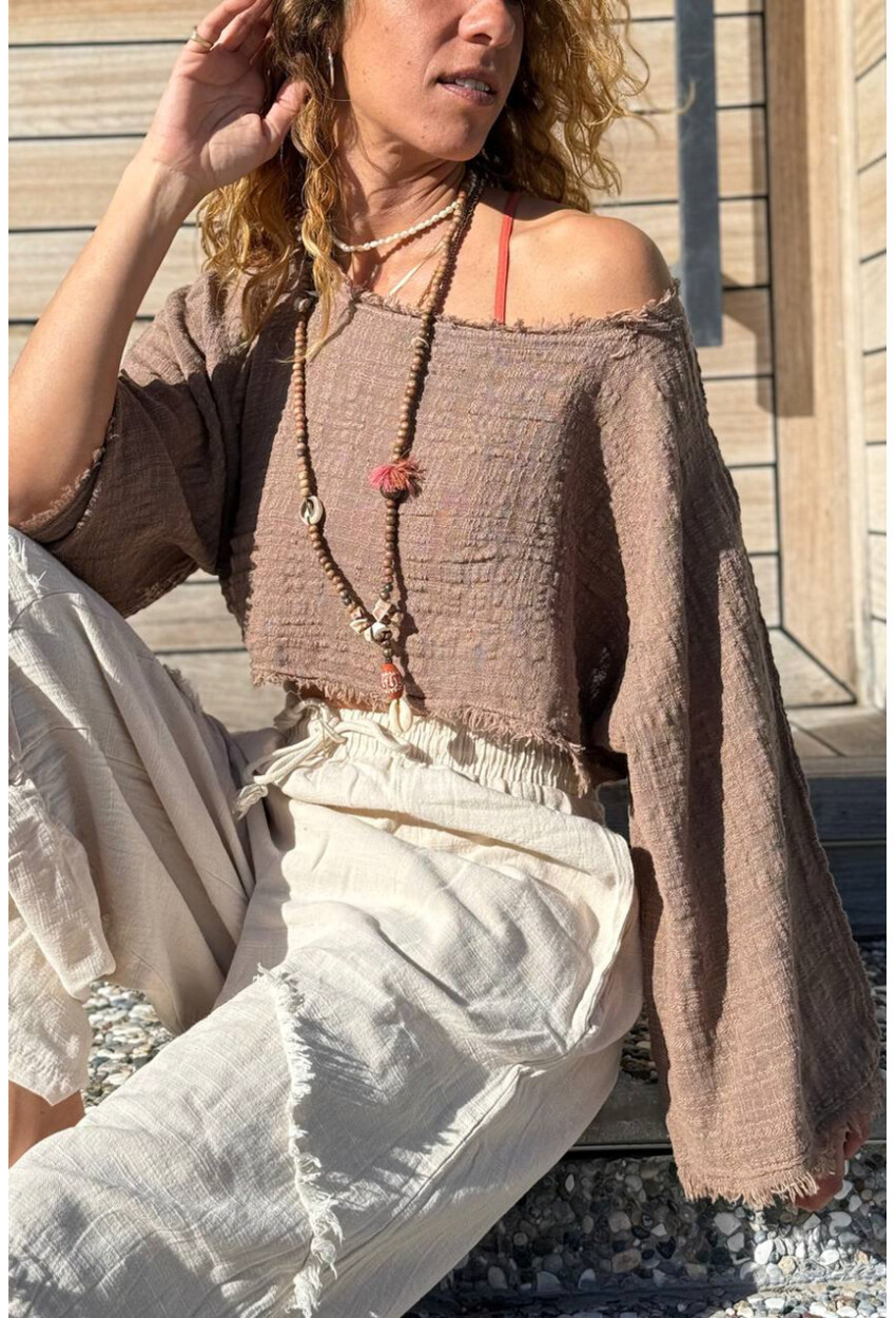 Haki Kayık Yaka Yıkamalı Ve Pis Dikişli Bürümcük Crop Dokuma Bluz 30 50