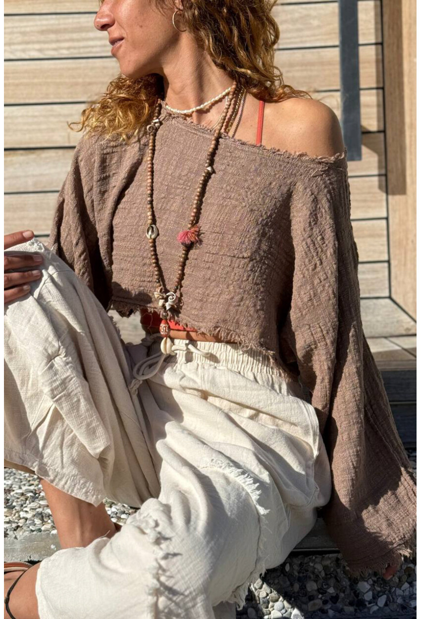 Haki Kayık Yaka Yıkamalı Ve Pis Dikişli Bürümcük Crop Dokuma Bluz 30 50