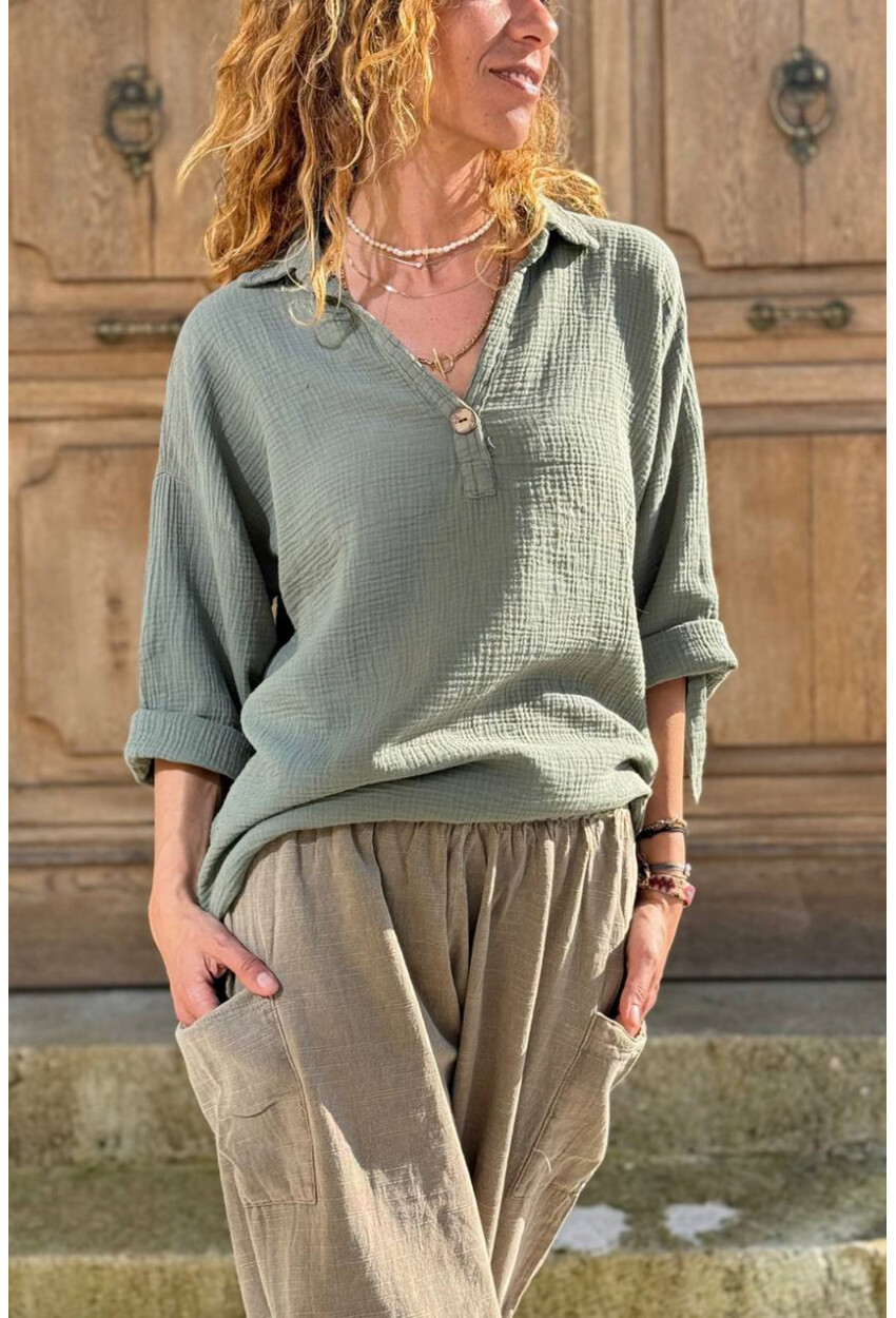 Haki Yarım Patlı Süs Düğmeli Pamuklu Salaş Dokuma Bluz 65 55