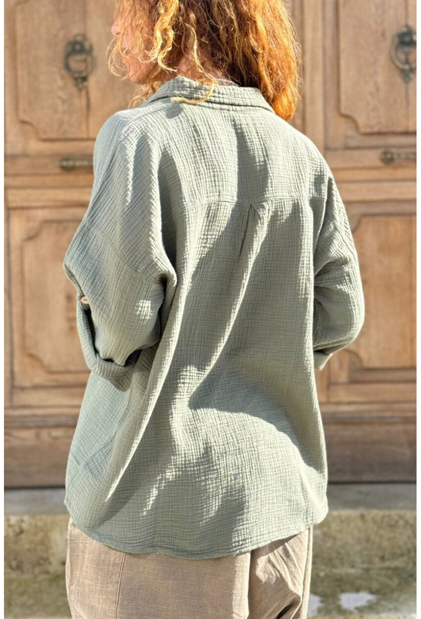 Haki Yarım Patlı Süs Düğmeli Pamuklu Salaş Dokuma Bluz 65 55