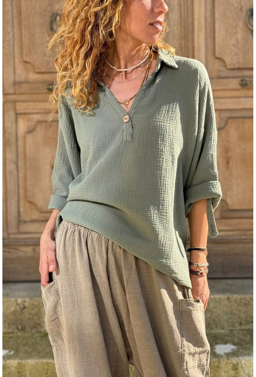 Haki Yarım Patlı Süs Düğmeli Pamuklu Salaş Dokuma Bluz 65 55