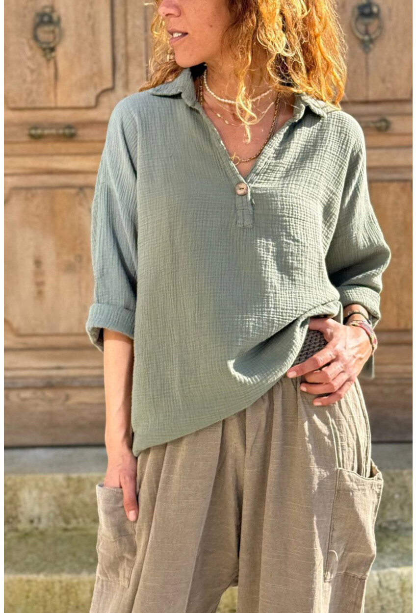 Haki Yarım Patlı Süs Düğmeli Pamuklu Salaş Dokuma Bluz 65 55