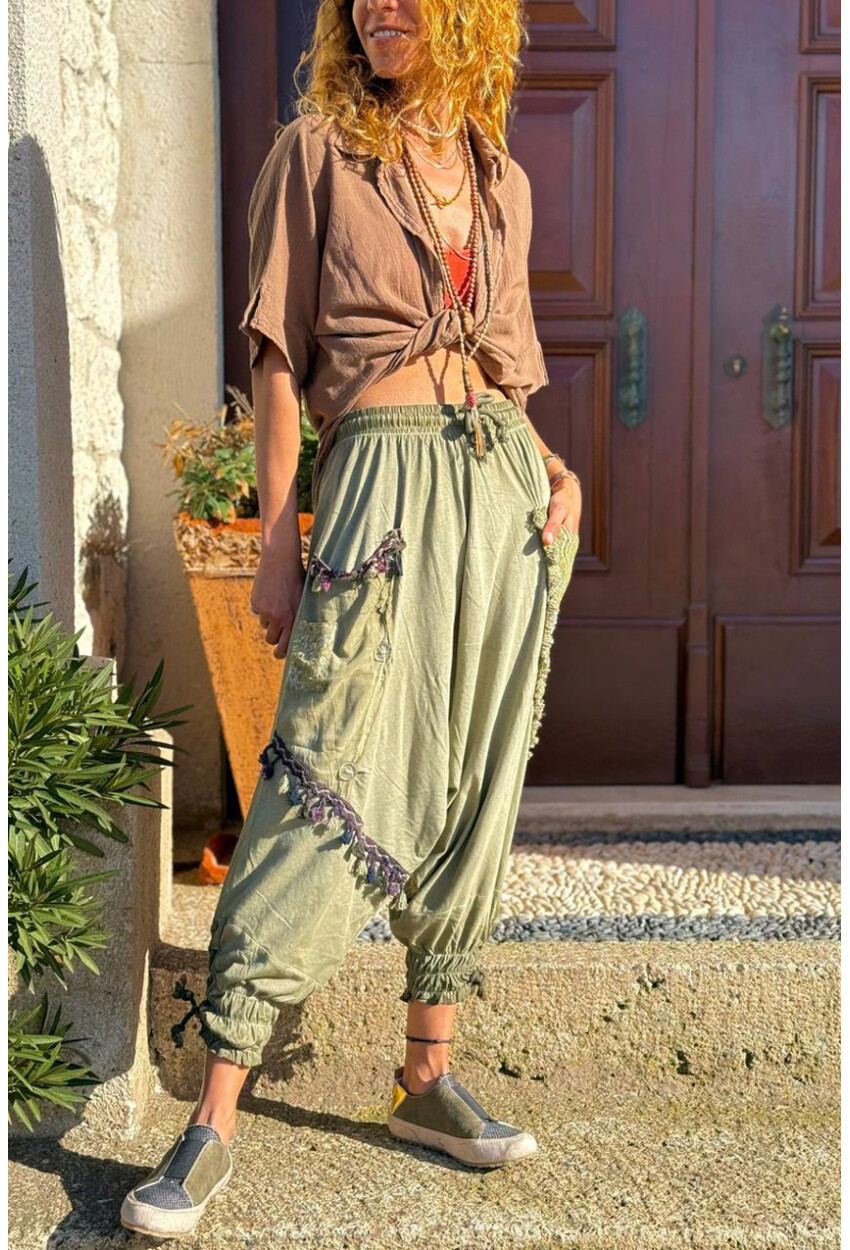 Haki Yıkamalı Paçası Bağlamalı Püsküllü Salaş Şalvar Pantolon GK-RSD2032 85 79