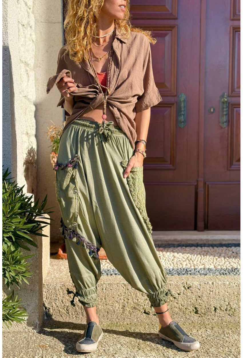 Haki Yıkamalı Paçası Bağlamalı Püsküllü Salaş Şalvar Pantolon GK-RSD2032 85 79