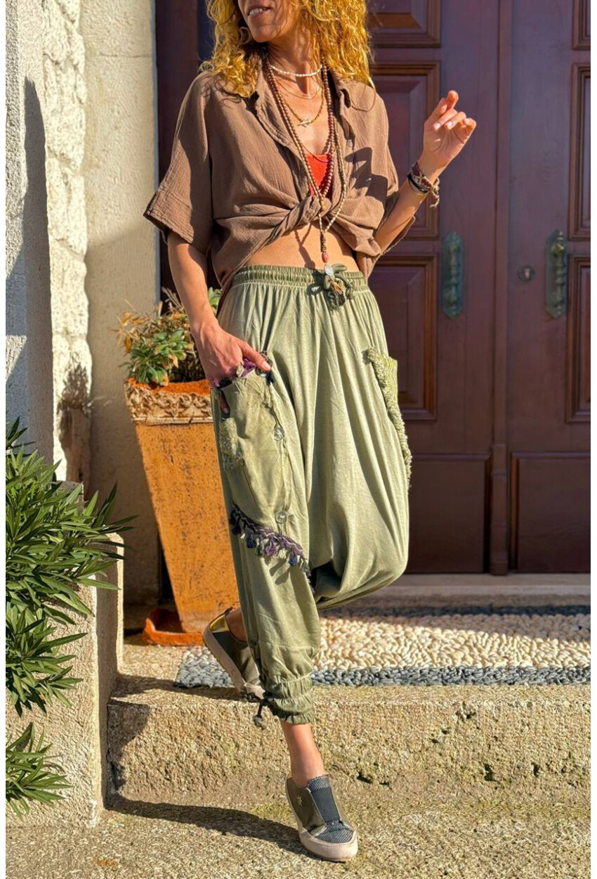 Haki Yıkamalı Paçası Bağlamalı Püsküllü Salaş Şalvar Pantolon GK-RSD2032 85 79