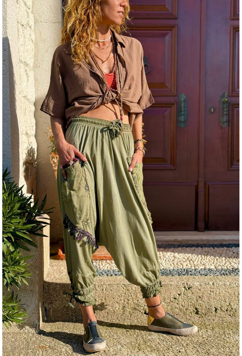 Haki Yıkamalı Paçası Bağlamalı Püsküllü Salaş Şalvar Pantolon GK-RSD2032 85 79