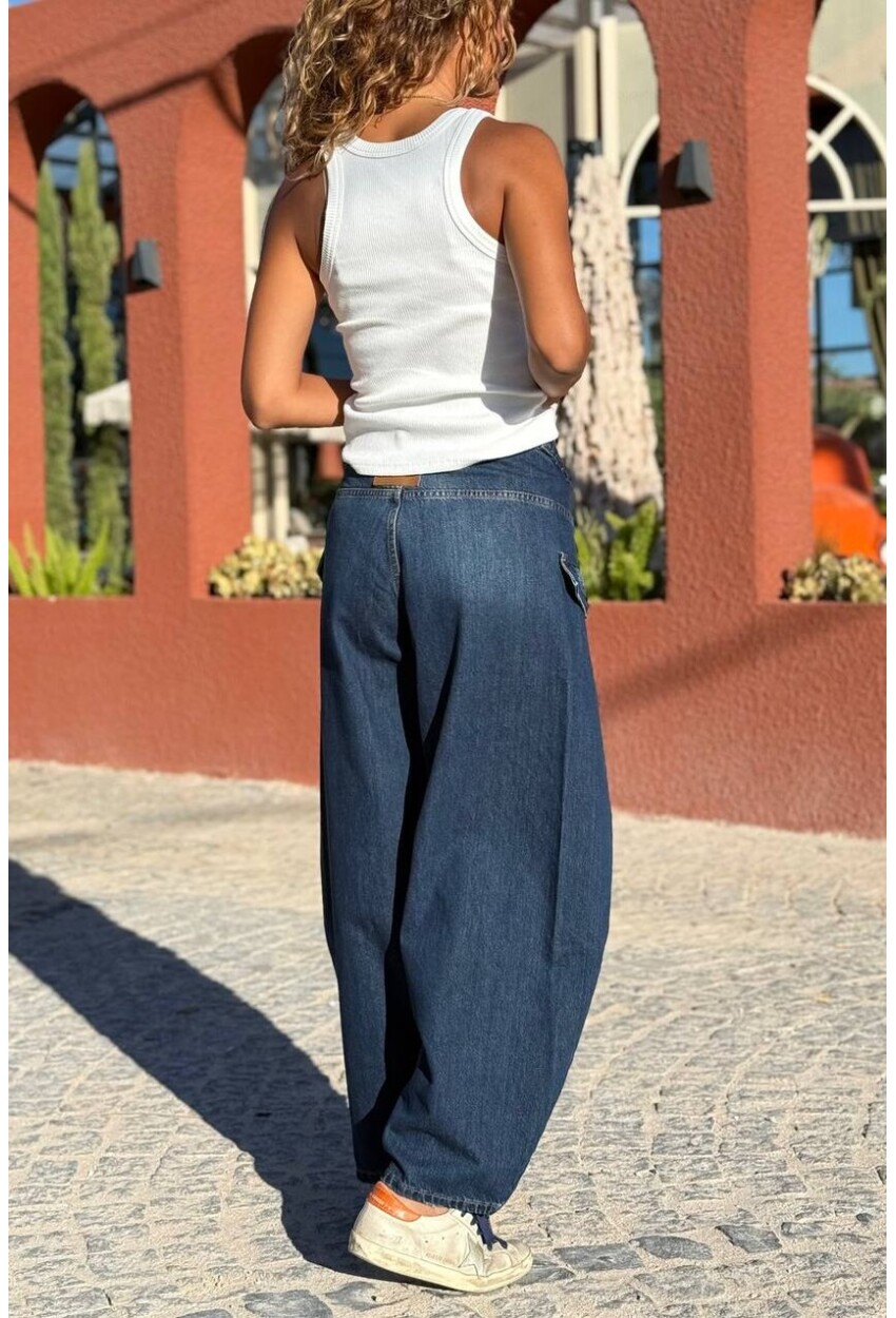 İndigo Cepli Beli Detaylı Asimetrik Tasarım Salaş Denim Pantolon 30 110