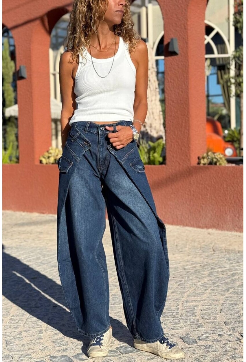 İndigo Cepli Beli Detaylı Asimetrik Tasarım Salaş Denim Pantolon 30 110
