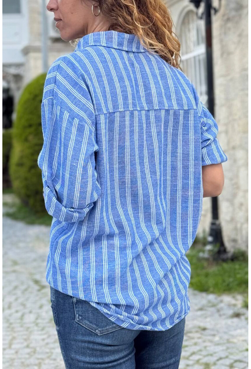 İndigo Çizgili Cepli Pamuklu Salaş Dokuma Gömlek 70 50